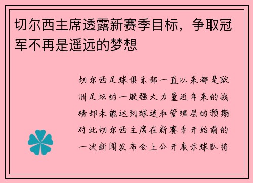 切尔西主席透露新赛季目标，争取冠军不再是遥远的梦想